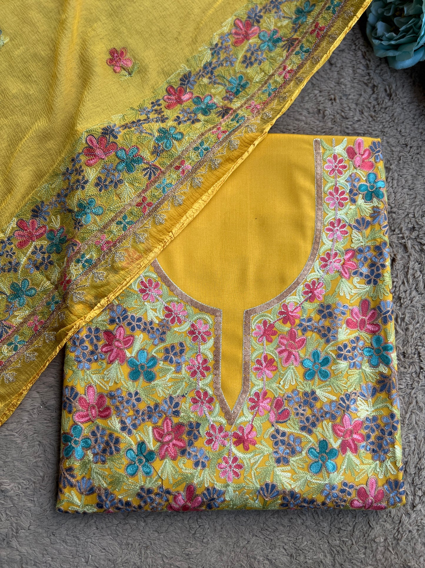 Sunflower Yellow Kashmiri Embroidered Modal Cotton Suit Set