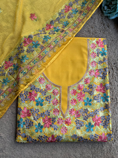 Sunflower Yellow Kashmiri Embroidered Modal Cotton Suit Set