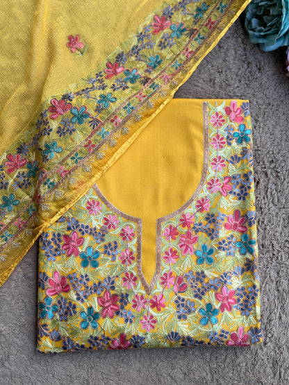 Sunflower Yellow Kashmiri Embroidered Modal Cotton Suit Set