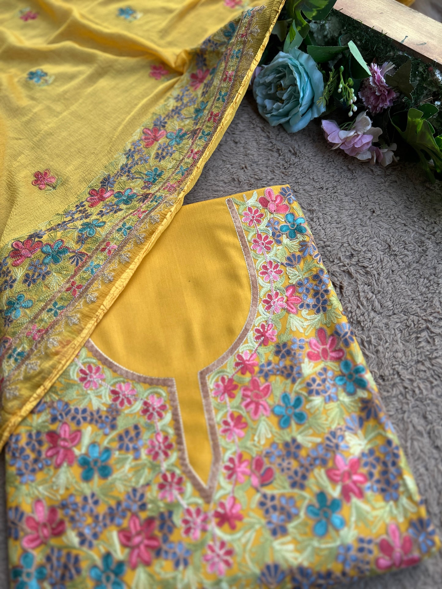 Sunflower Yellow Kashmiri Embroidered Modal Cotton Suit Set