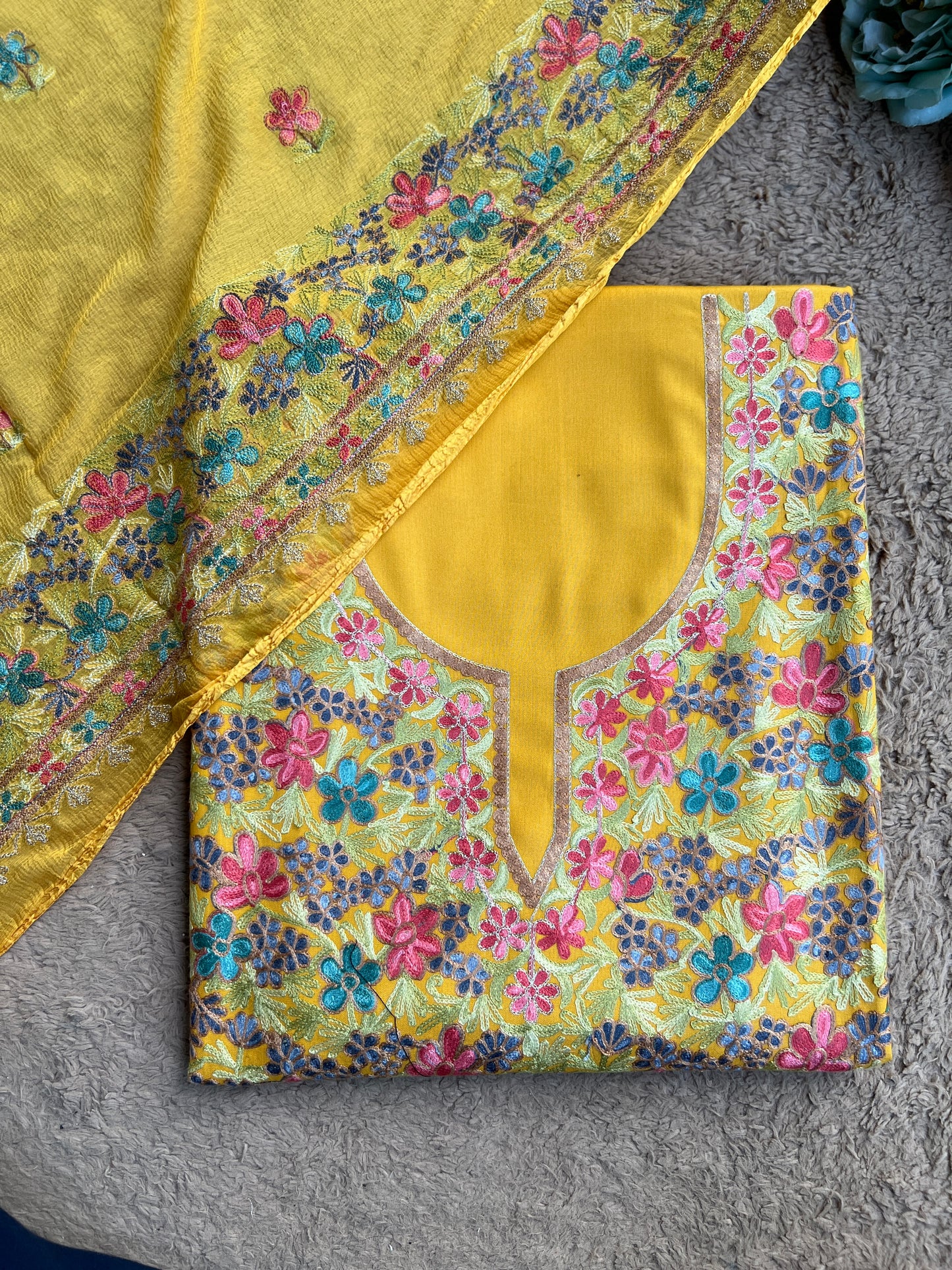 Sunflower Yellow Kashmiri Embroidered Modal Cotton Suit Set