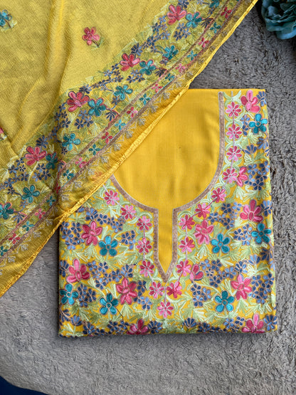 Sunflower Yellow Kashmiri Embroidered Modal Cotton Suit Set