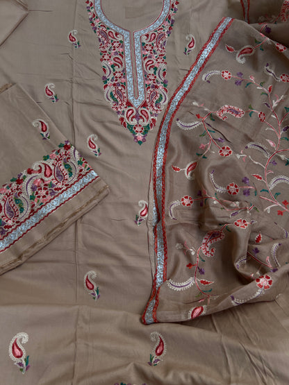 Soft Beige Grace with Full Kashmiri Jaal Dupatta