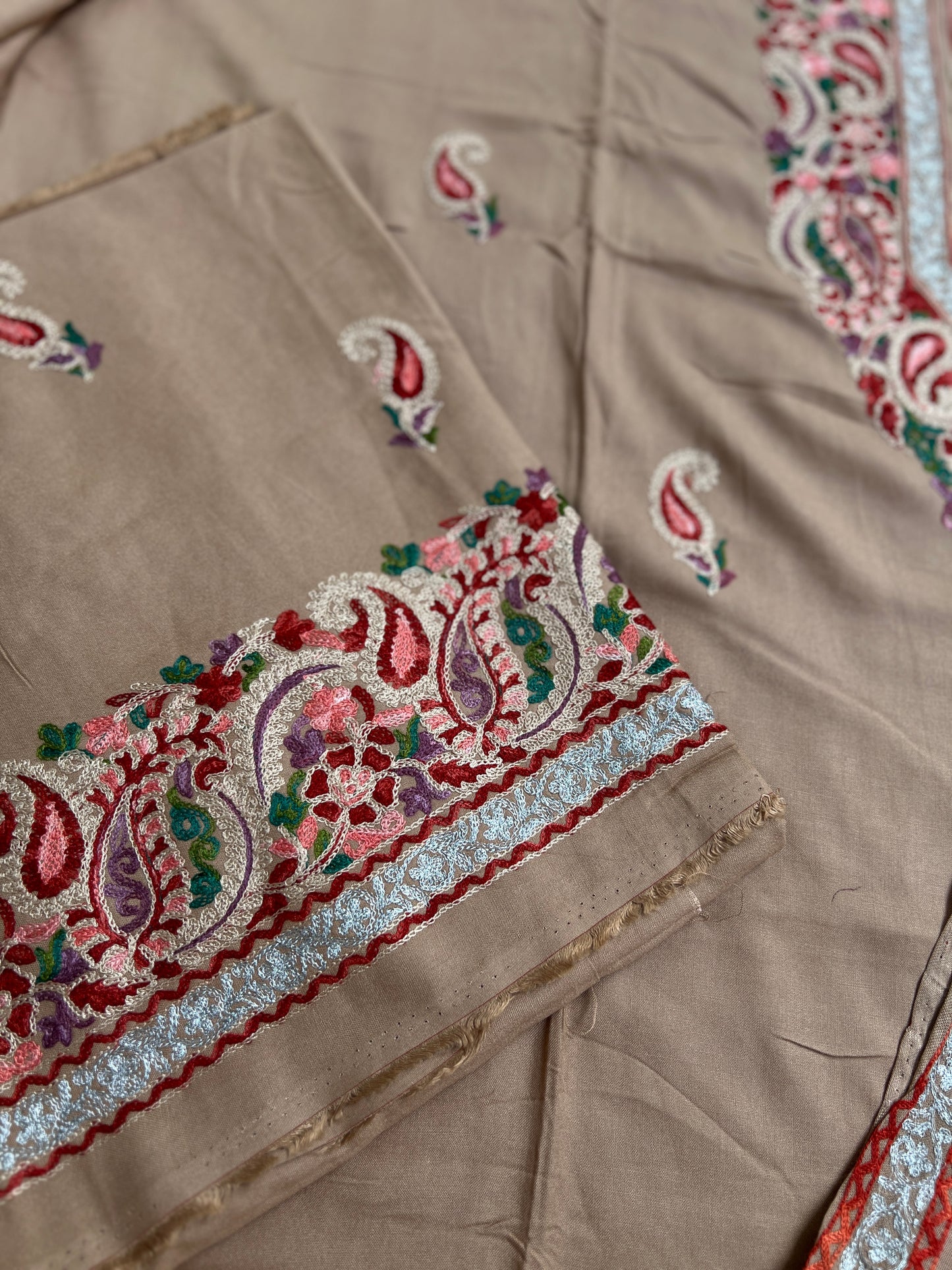 Soft Beige Grace with Full Kashmiri Jaal Dupatta