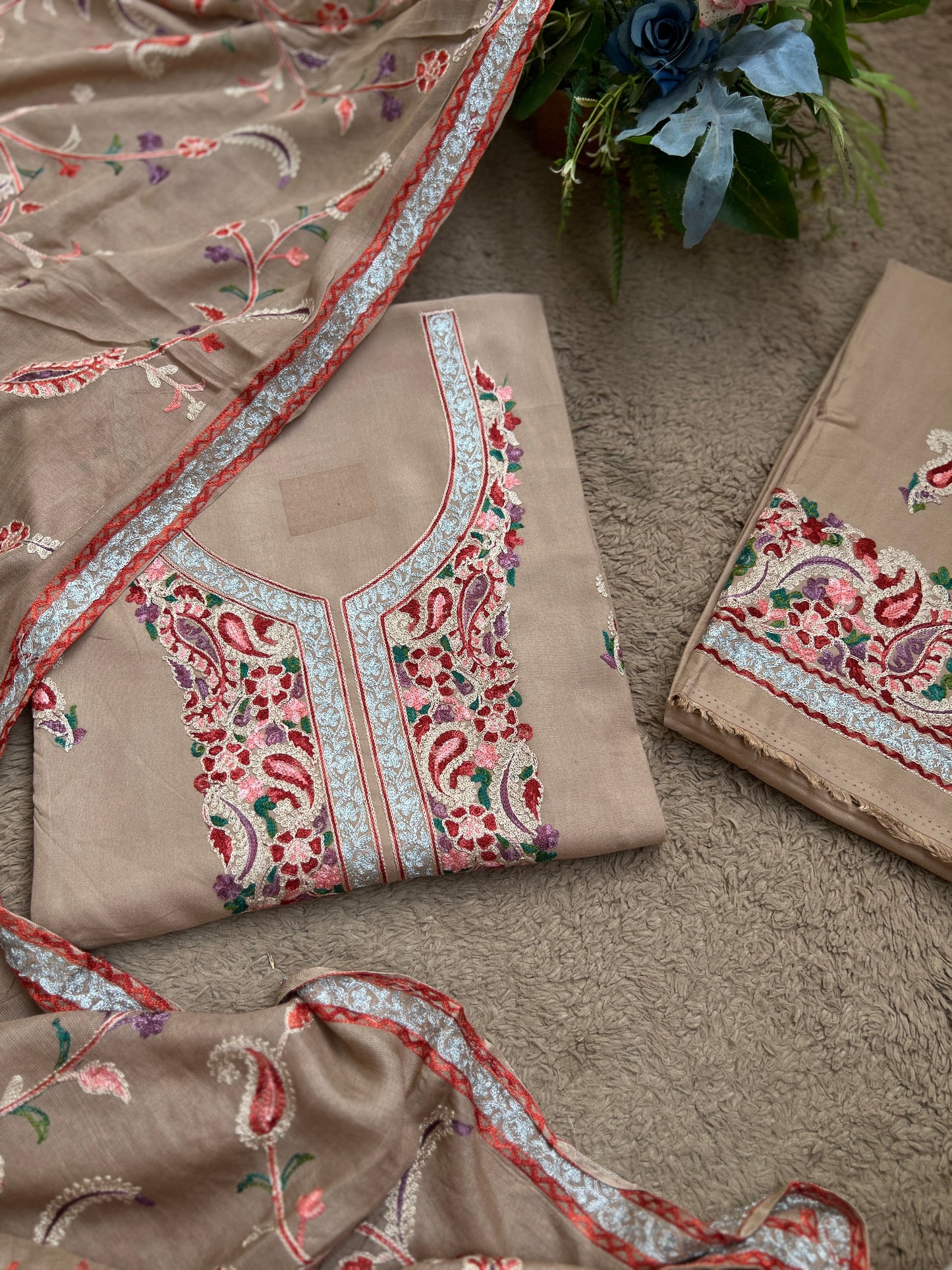 Soft Beige Grace with Full Kashmiri Jaal Dupatta