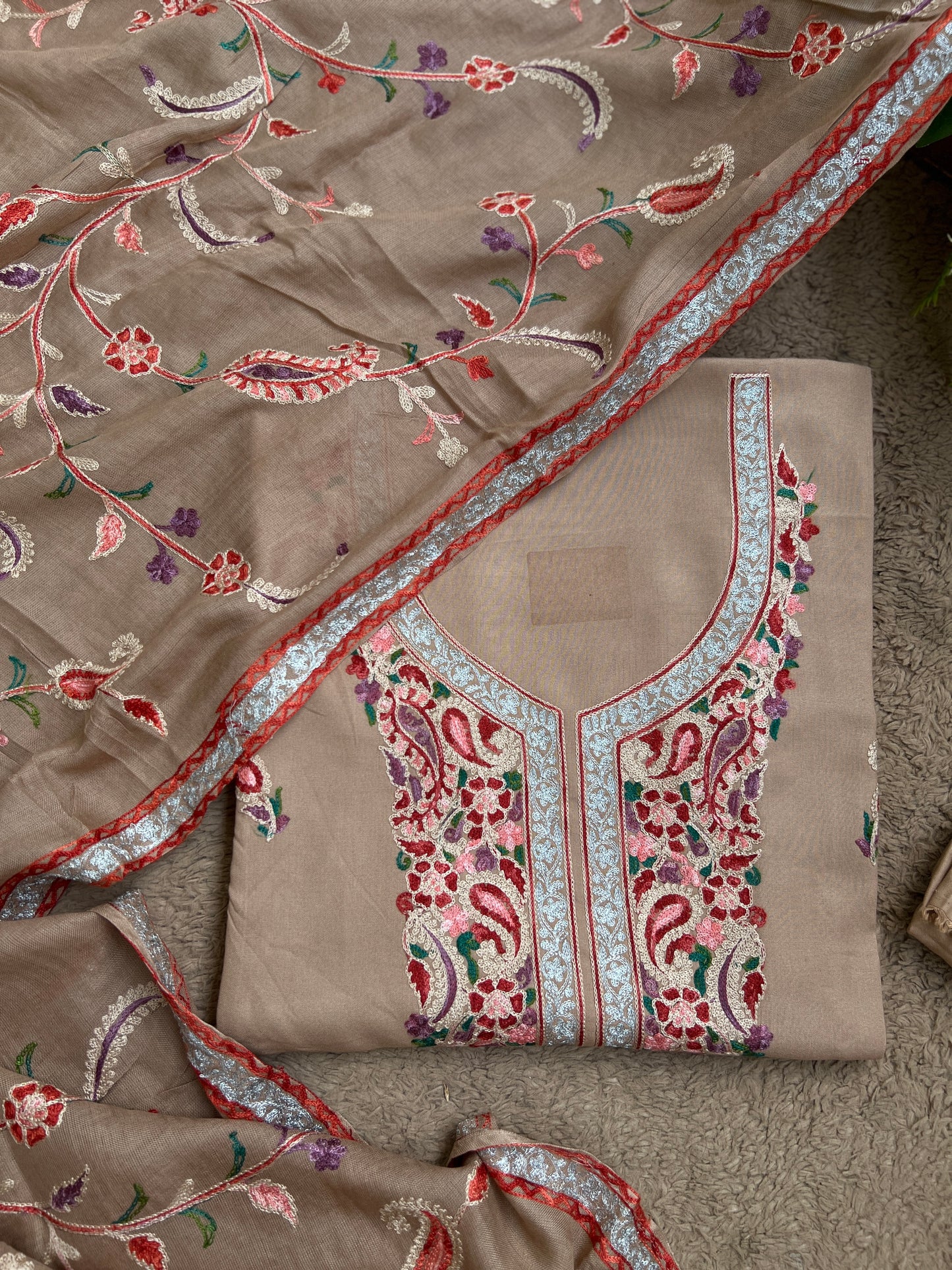 Soft Beige Grace with Full Kashmiri Jaal Dupatta