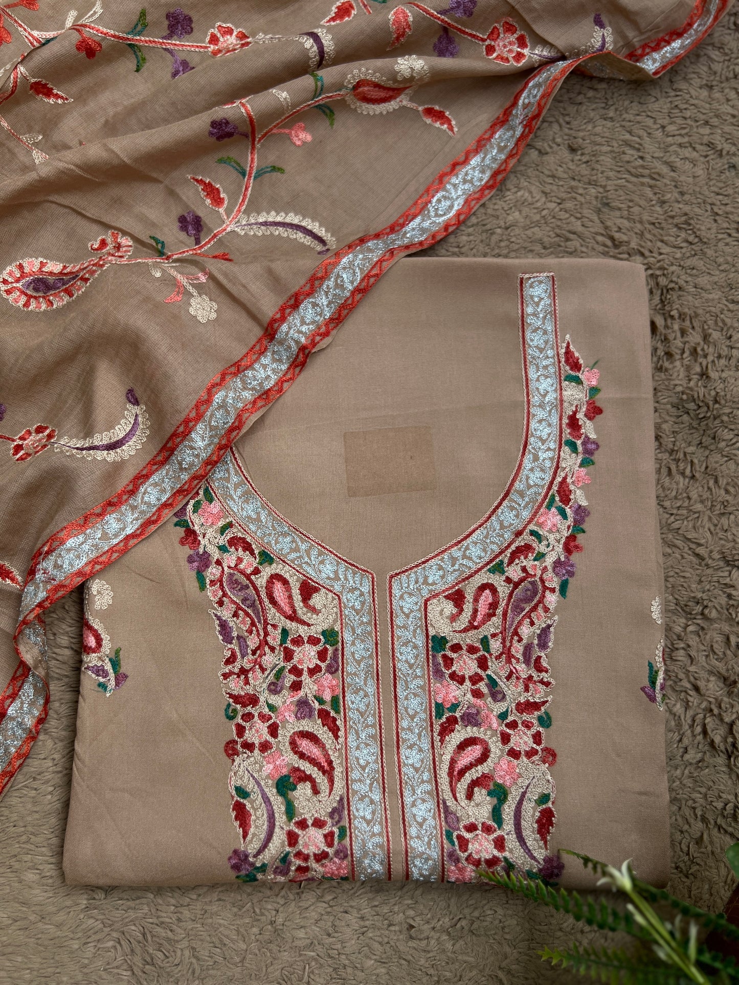Soft Beige Grace with Full Kashmiri Jaal Dupatta