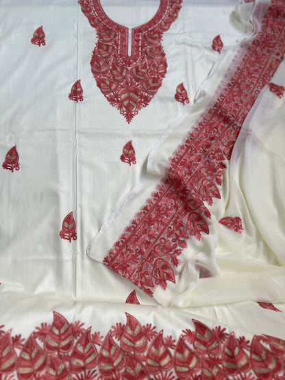Elegant Vanilla Off-White Suit with Pink Kashmiri Embroidery & Chiffon Dupatta