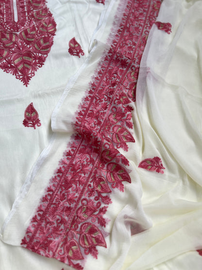 Elegant Vanilla Off-White Suit with Pink Kashmiri Embroidery & Chiffon Dupatta
