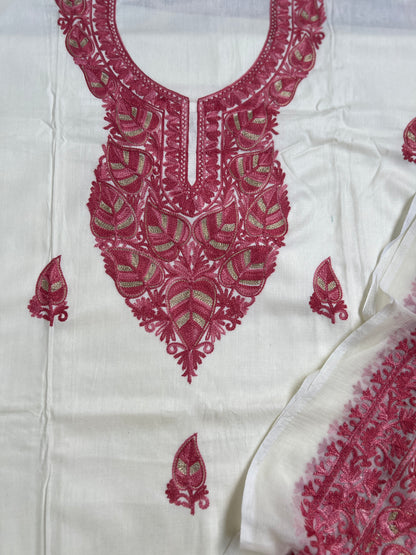 Elegant Vanilla Off-White Suit with Pink Kashmiri Embroidery & Chiffon Dupatta