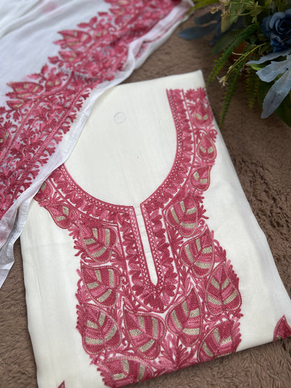 Elegant Vanilla Off-White Suit with Pink Kashmiri Embroidery & Chiffon Dupatta