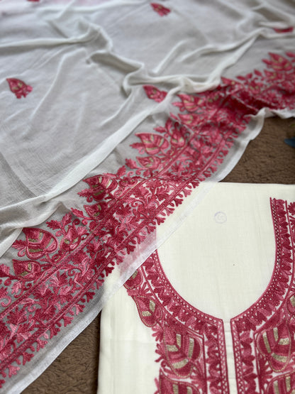 Elegant Vanilla Off-White Suit with Pink Kashmiri Embroidery & Chiffon Dupatta