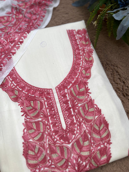 Elegant Vanilla Off-White Suit with Pink Kashmiri Embroidery & Chiffon Dupatta