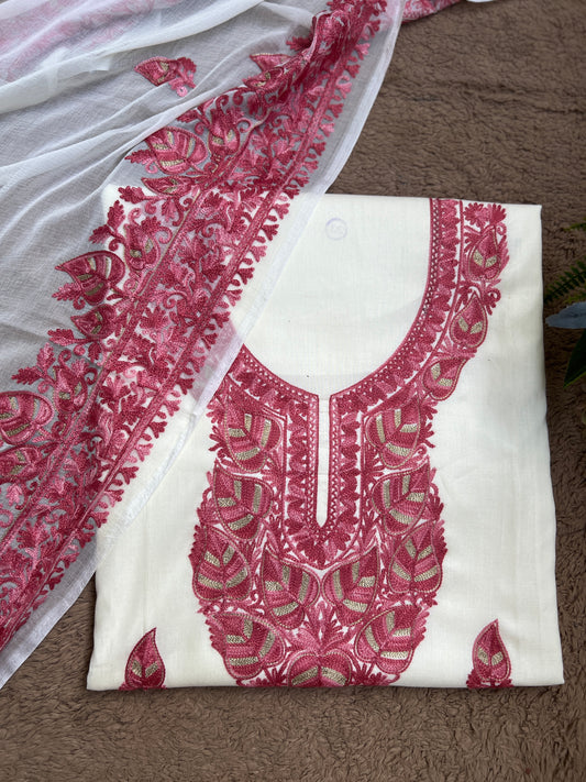Elegant Vanilla Off-White Suit with Pink Kashmiri Embroidery & Chiffon Dupatta