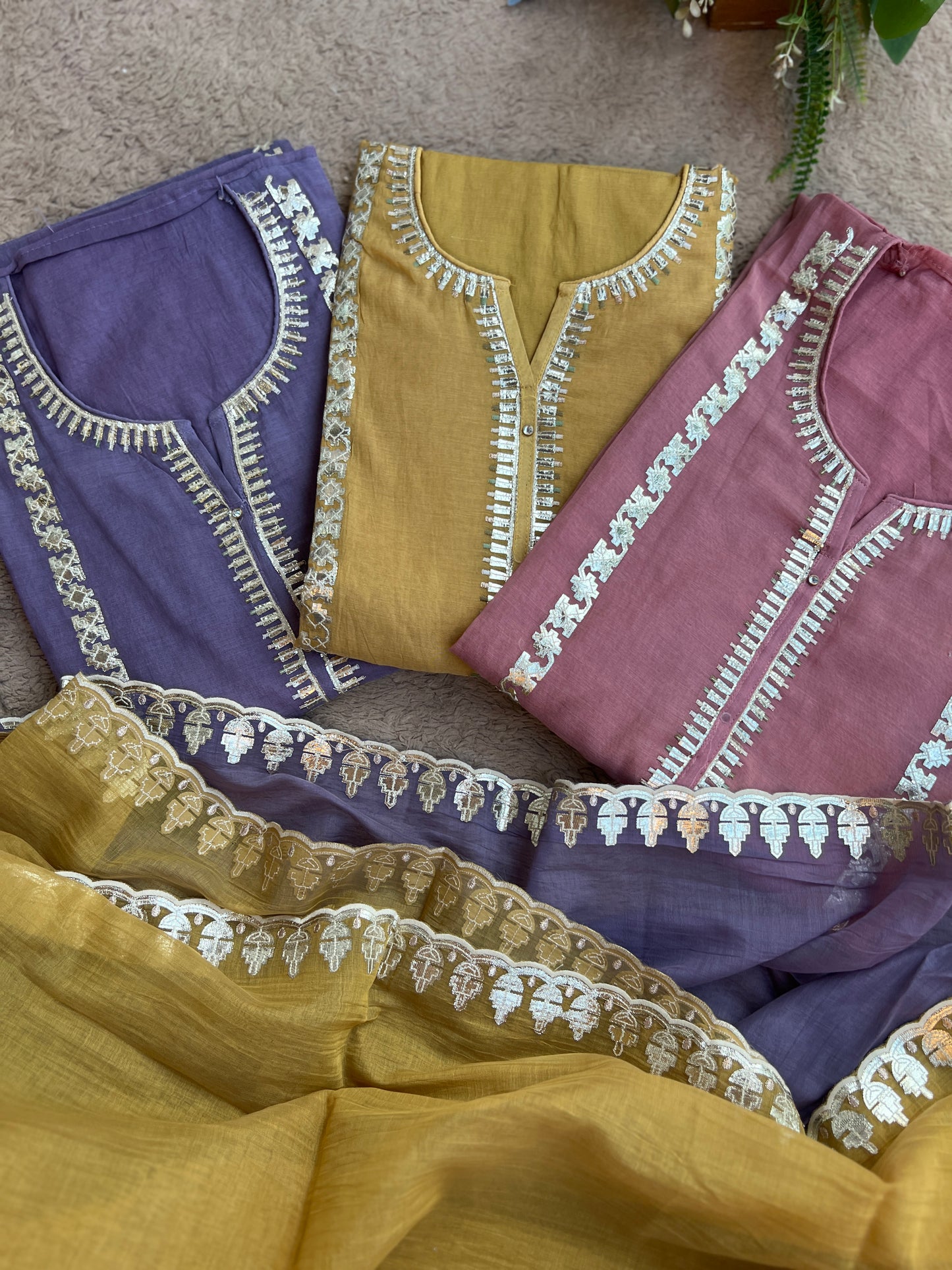 Pastel Pitta Work Chanderi Trio