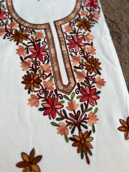 Classic Off-White Suit Featuring Intricate Kashmiri Needlework