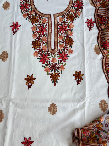 Classic Off-White Suit Featuring Intricate Kashmiri Needlework
