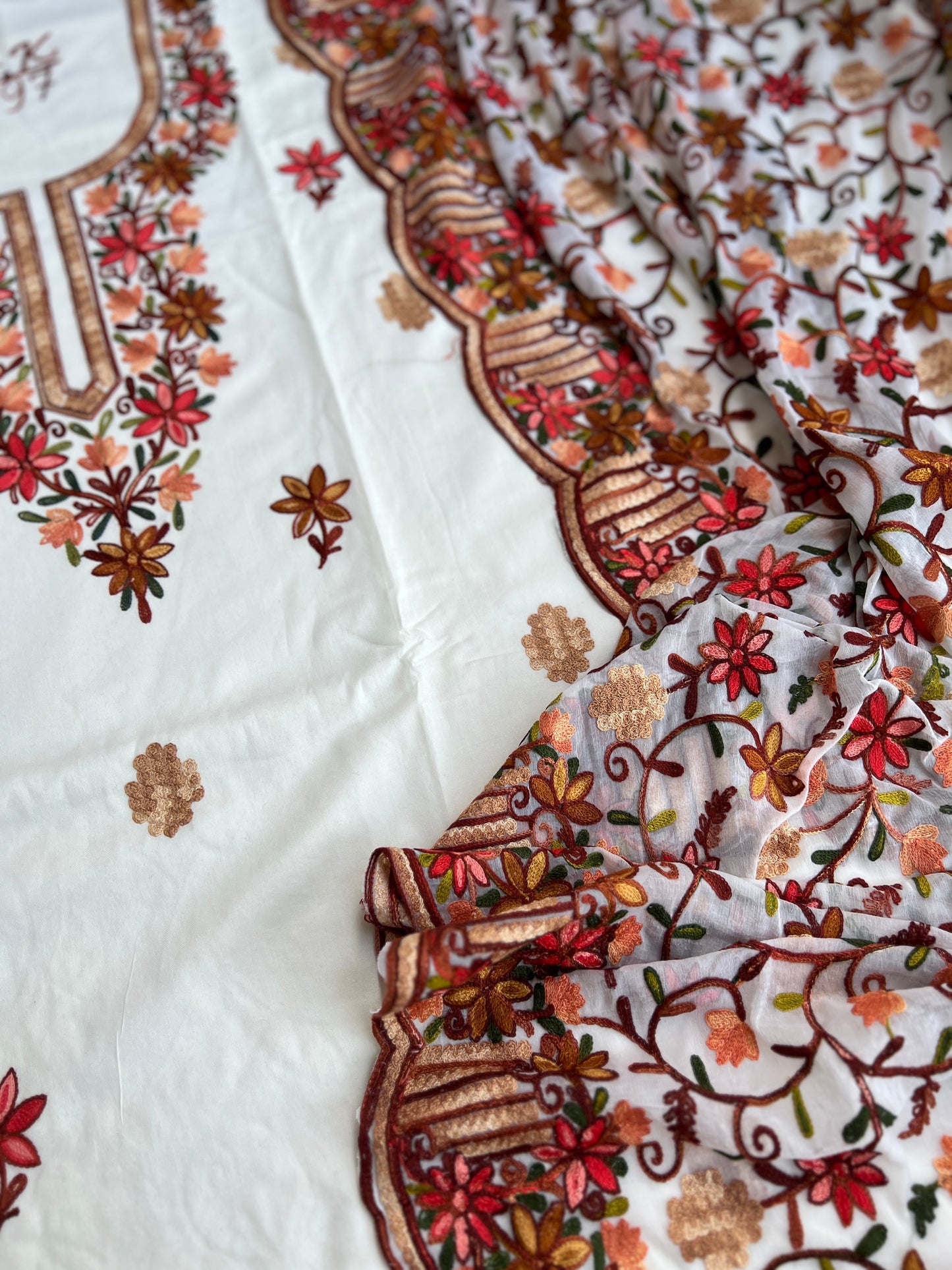 Classic Off-White Suit Featuring Intricate Kashmiri Needlework