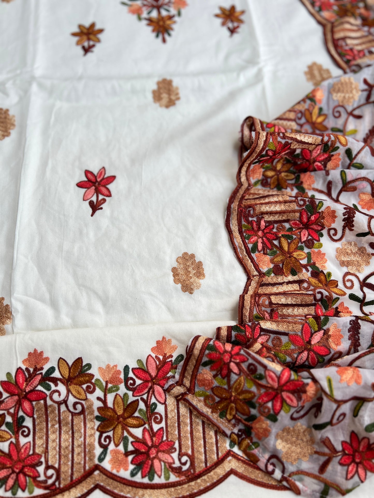 Classic Off-White Suit Featuring Intricate Kashmiri Needlework