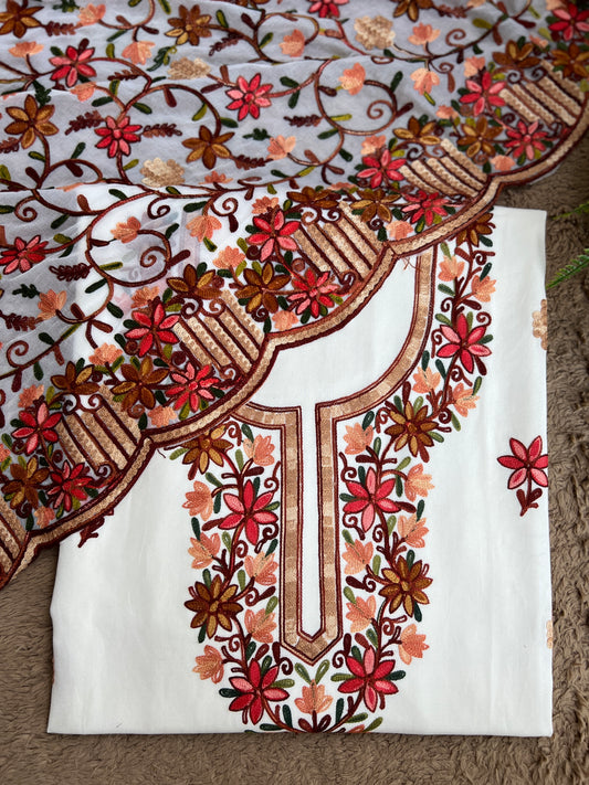 Classic Off-White Suit Featuring Intricate Kashmiri Needlework