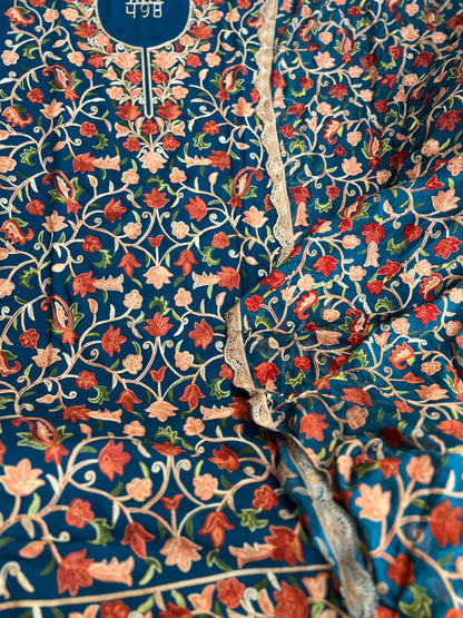 Teal Serenity Kashmiri Jaal Suit with Chiffon Embroidered Dupatta