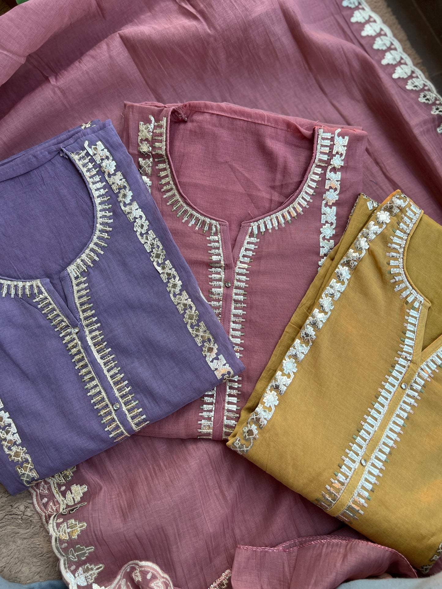 Pastel Pitta Work Chanderi Trio