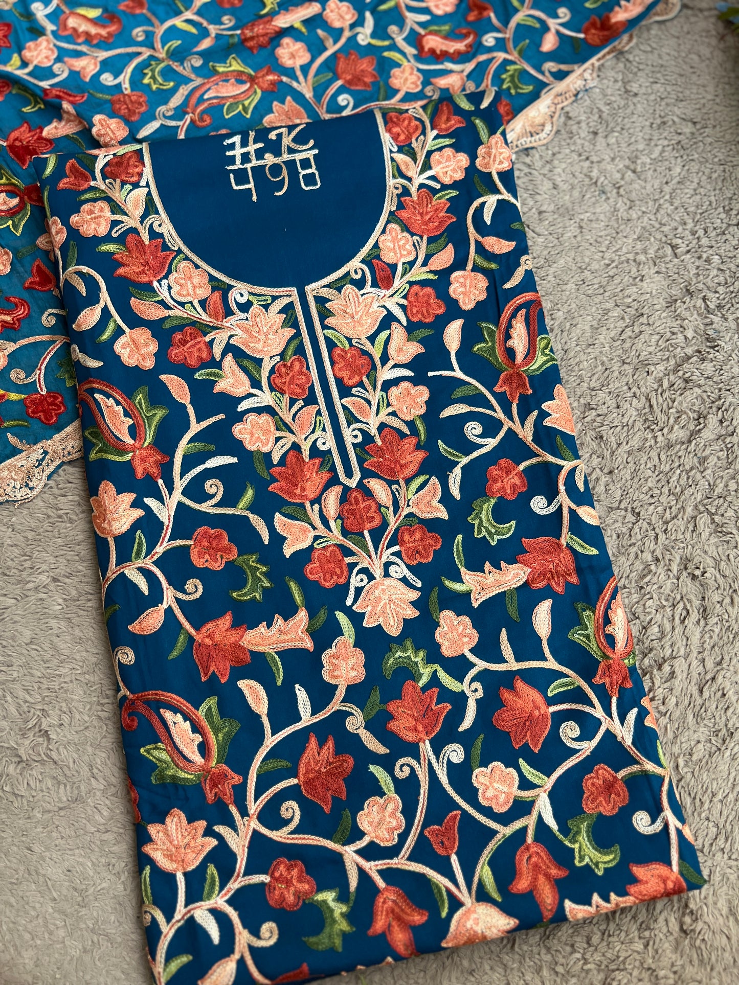 Teal Serenity Kashmiri Jaal Suit with Chiffon Embroidered Dupatta