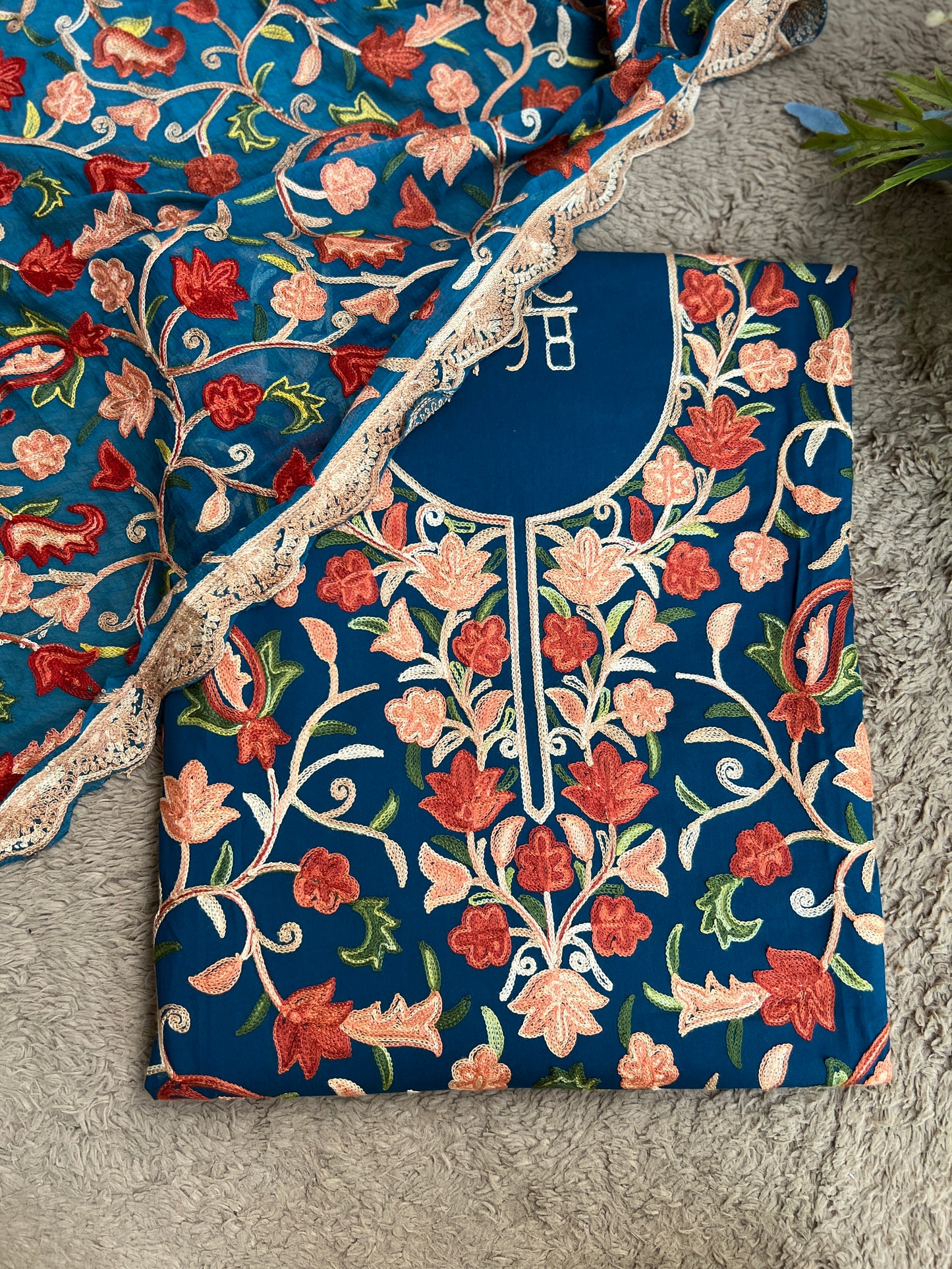 Teal Serenity Kashmiri Jaal Suit with Chiffon Embroidered Dupatta