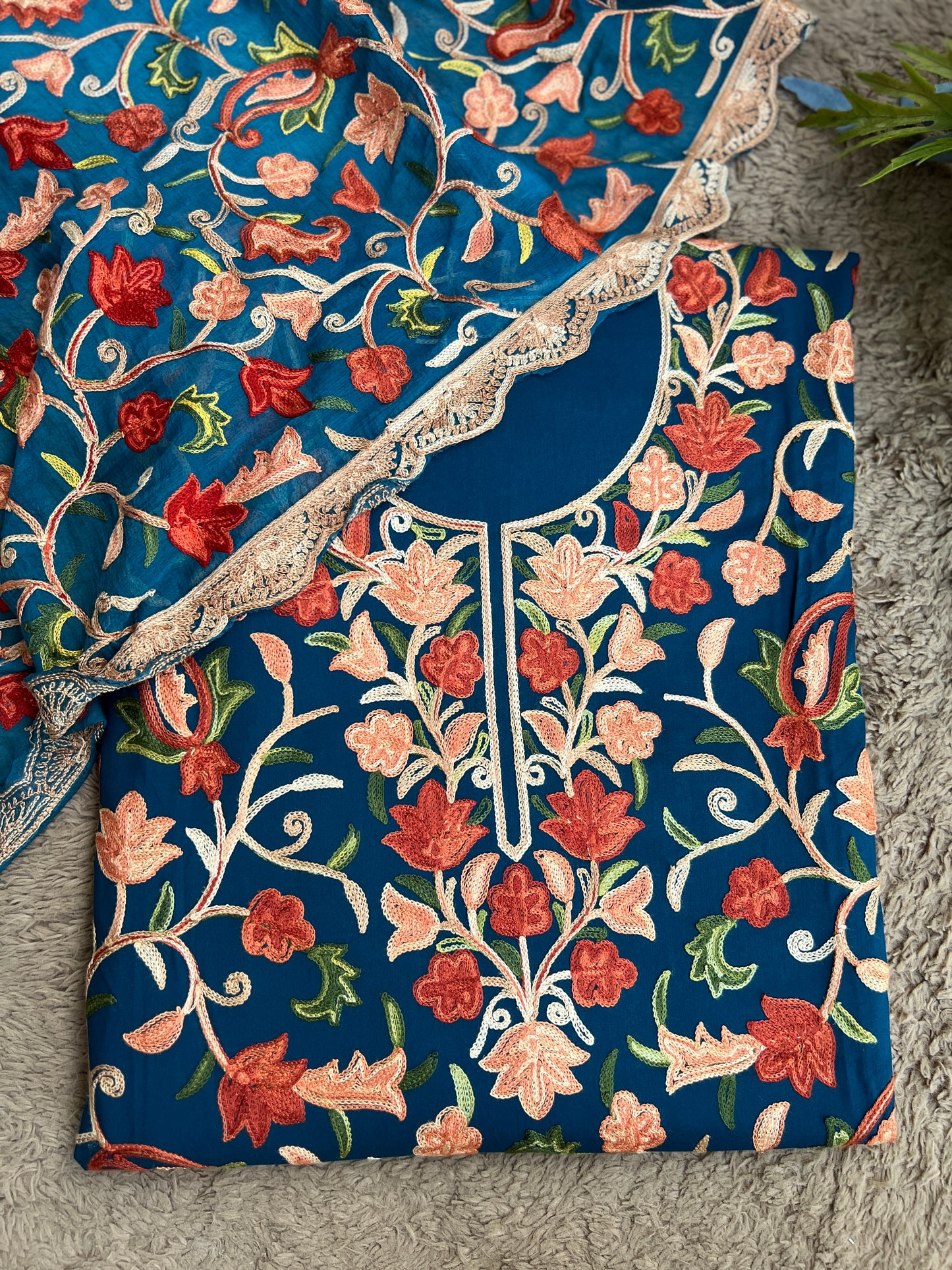 Teal Serenity Kashmiri Jaal Suit with Chiffon Embroidered Dupatta