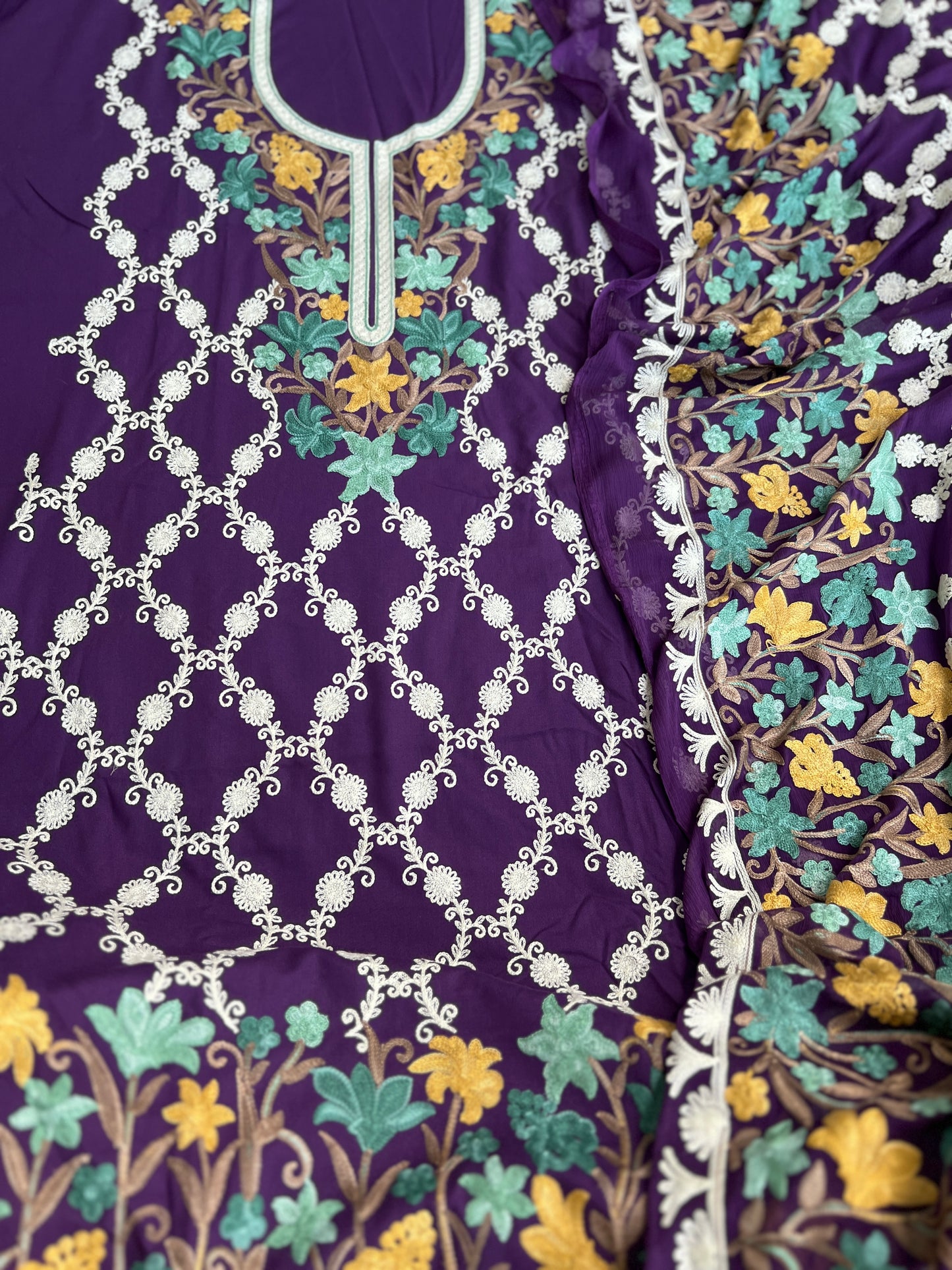 Kashmiri Multithread Embroidered Modal Cotton Suit with Chiffon Jaal Dupatta