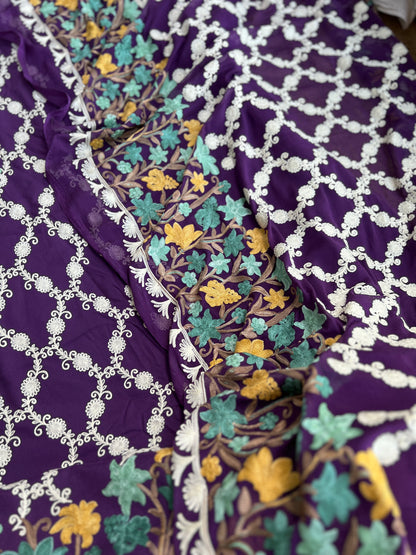 Kashmiri Multithread Embroidered Modal Cotton Suit with Chiffon Jaal Dupatta