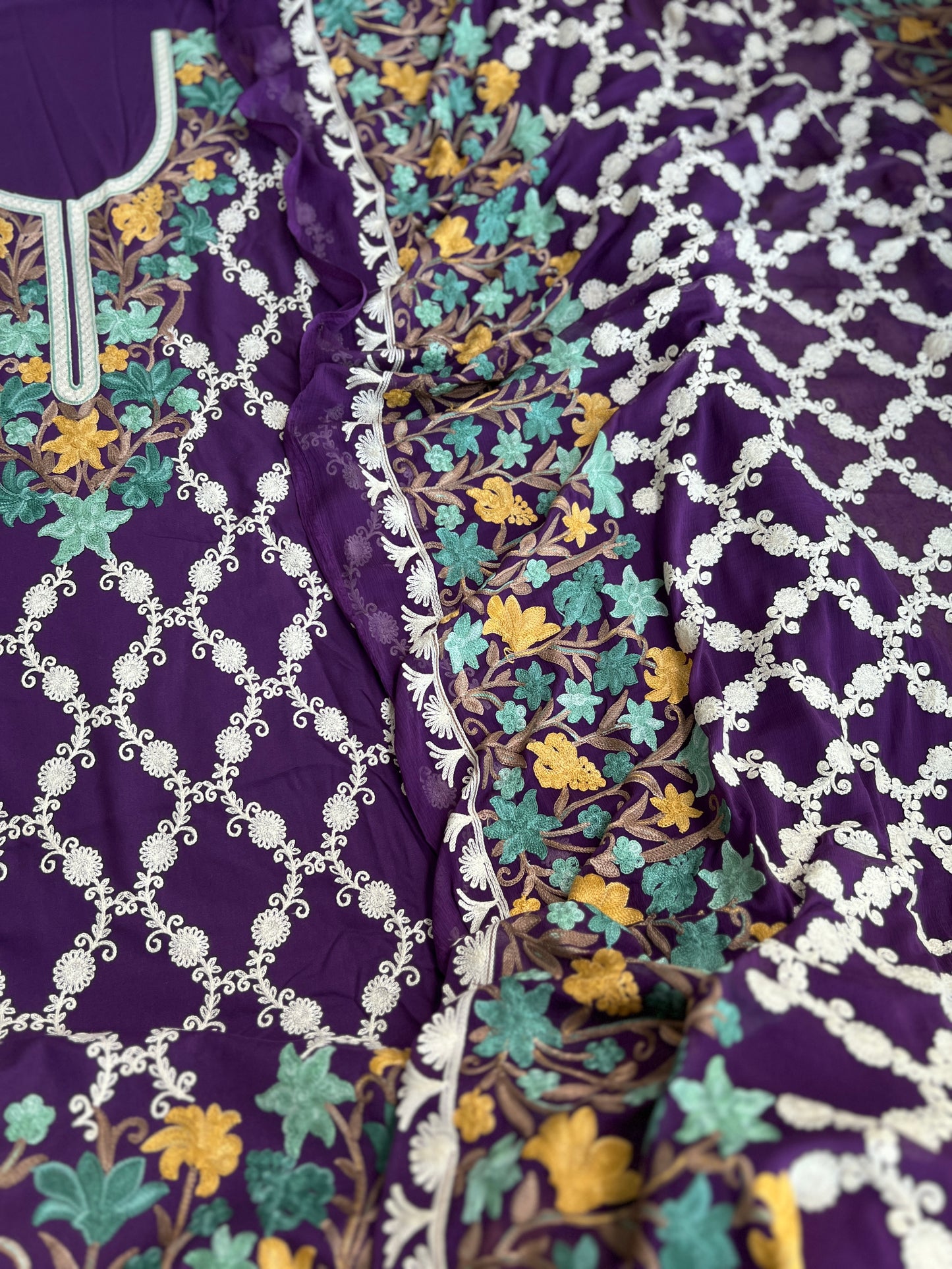 Kashmiri Multithread Embroidered Modal Cotton Suit with Chiffon Jaal Dupatta