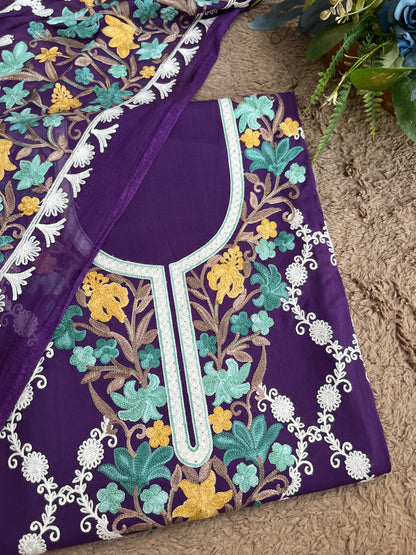 Kashmiri Multithread Embroidered Modal Cotton Suit with Chiffon Jaal Dupatta