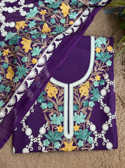 Kashmiri Multithread Embroidered Modal Cotton Suit with Chiffon Jaal Dupatta