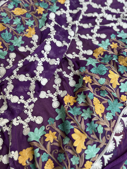 Kashmiri Multithread Embroidered Modal Cotton Suit with Chiffon Jaal Dupatta