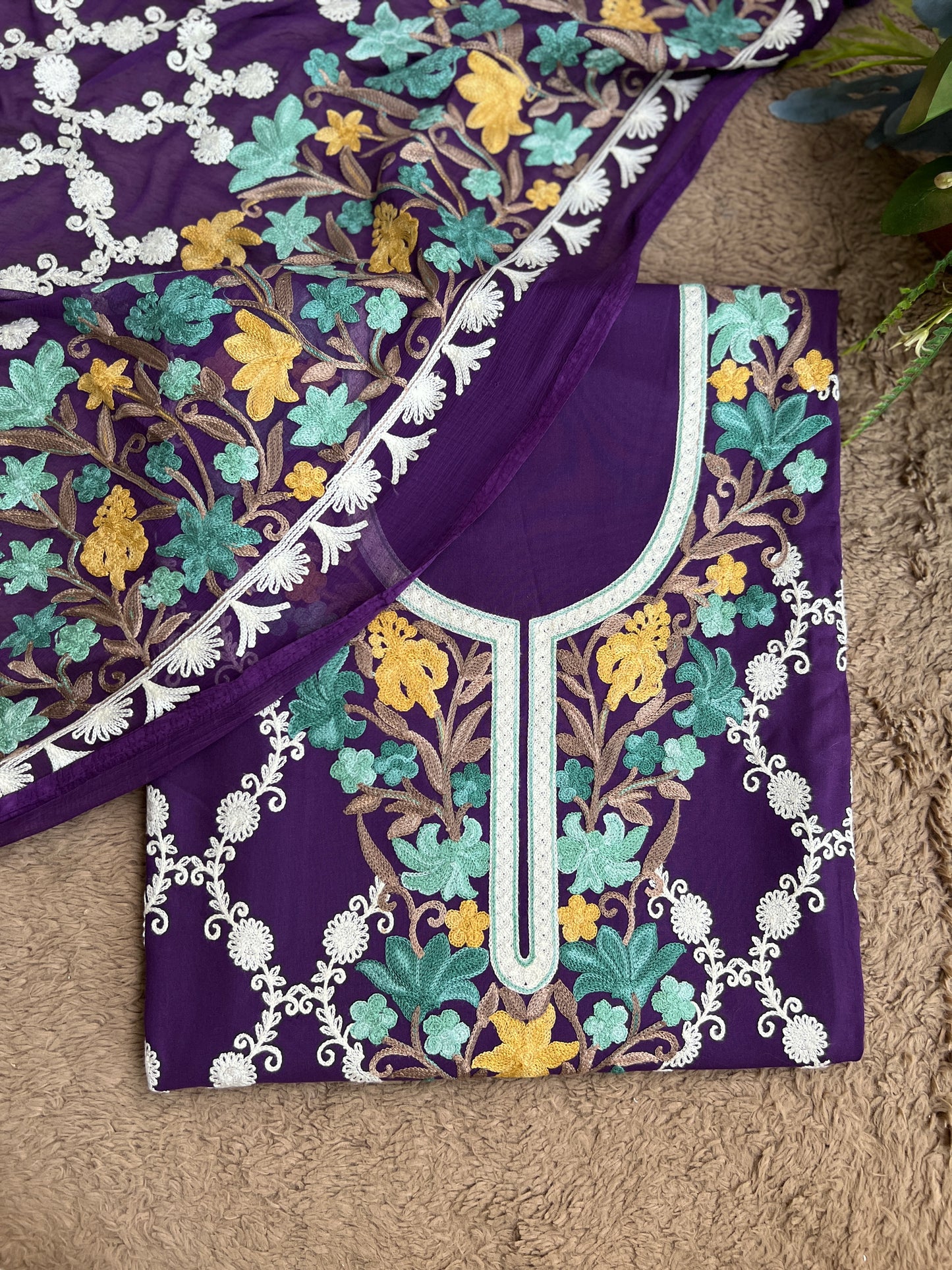 Kashmiri Multithread Embroidered Modal Cotton Suit with Chiffon Jaal Dupatta