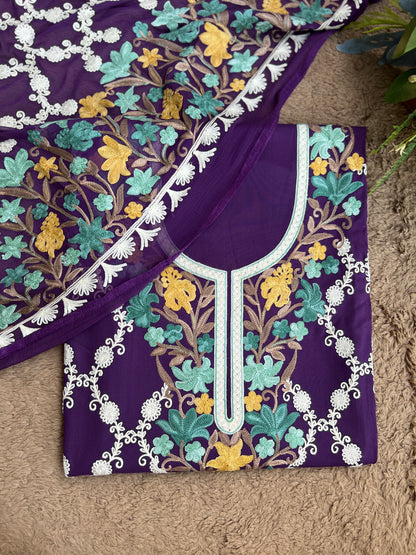 Kashmiri Multithread Embroidered Modal Cotton Suit with Chiffon Jaal Dupatta