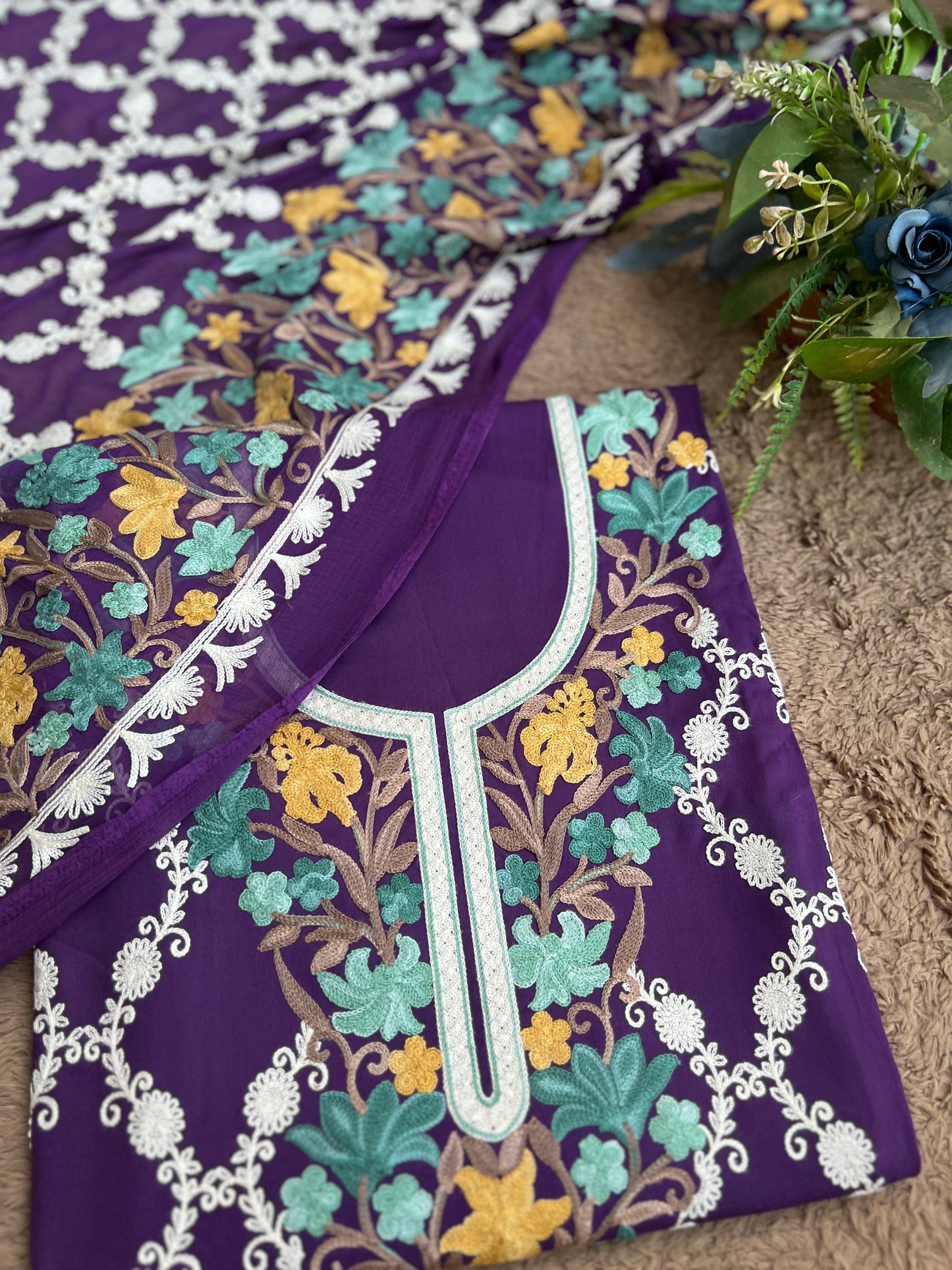 Kashmiri Multithread Embroidered Modal Cotton Suit with Chiffon Jaal Dupatta