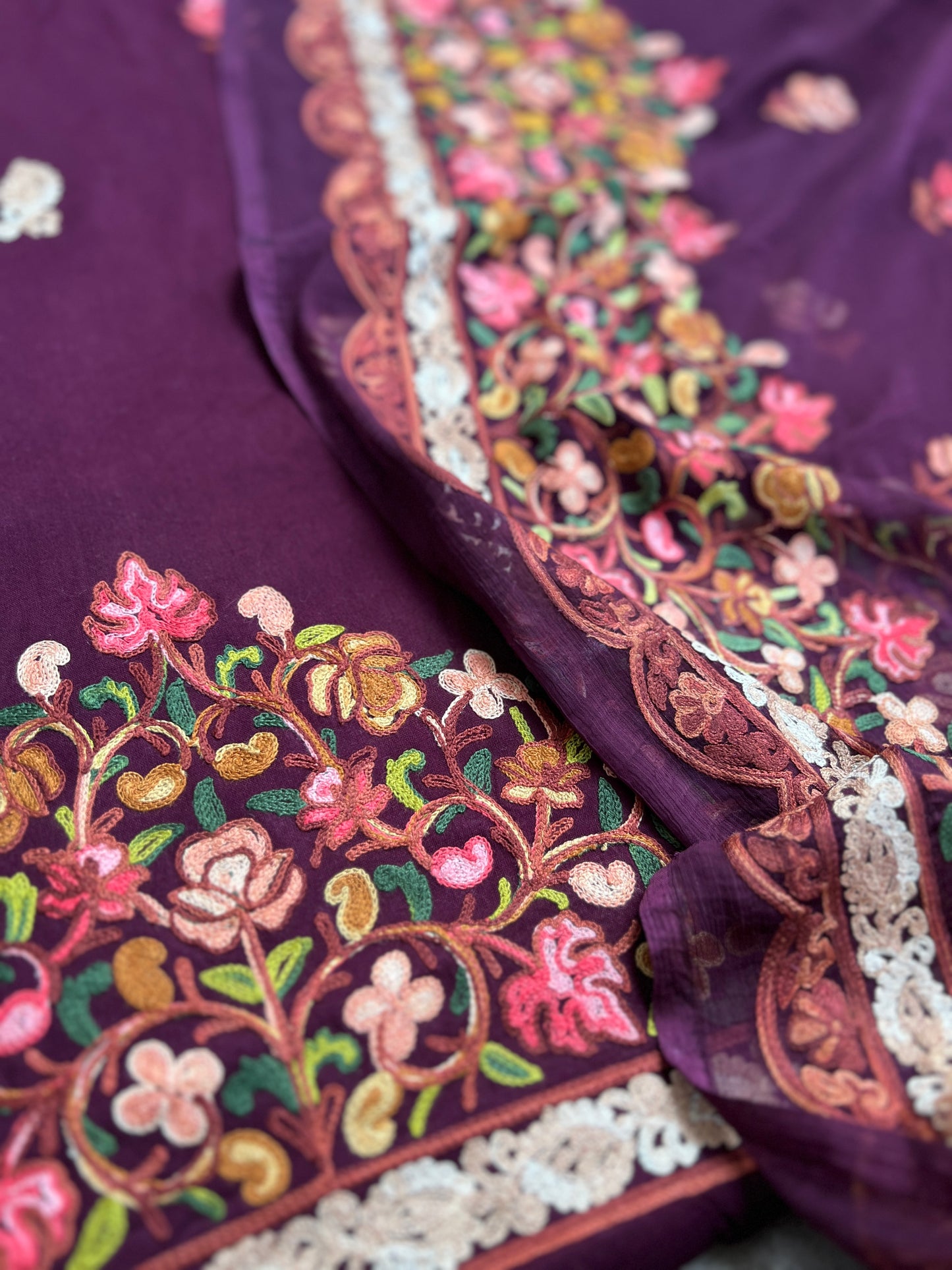 Kashmiri Embroidered Wine Suit with Graceful Chiffon Dupatta