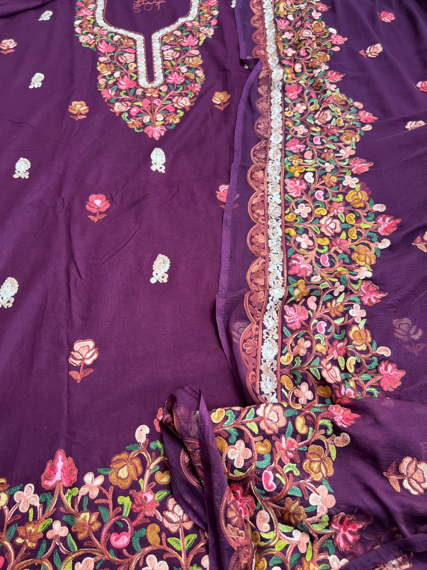 Kashmiri Embroidered Wine Suit with Graceful Chiffon Dupatta