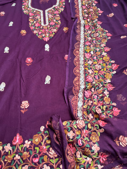 Kashmiri Embroidered Wine Suit with Graceful Chiffon Dupatta