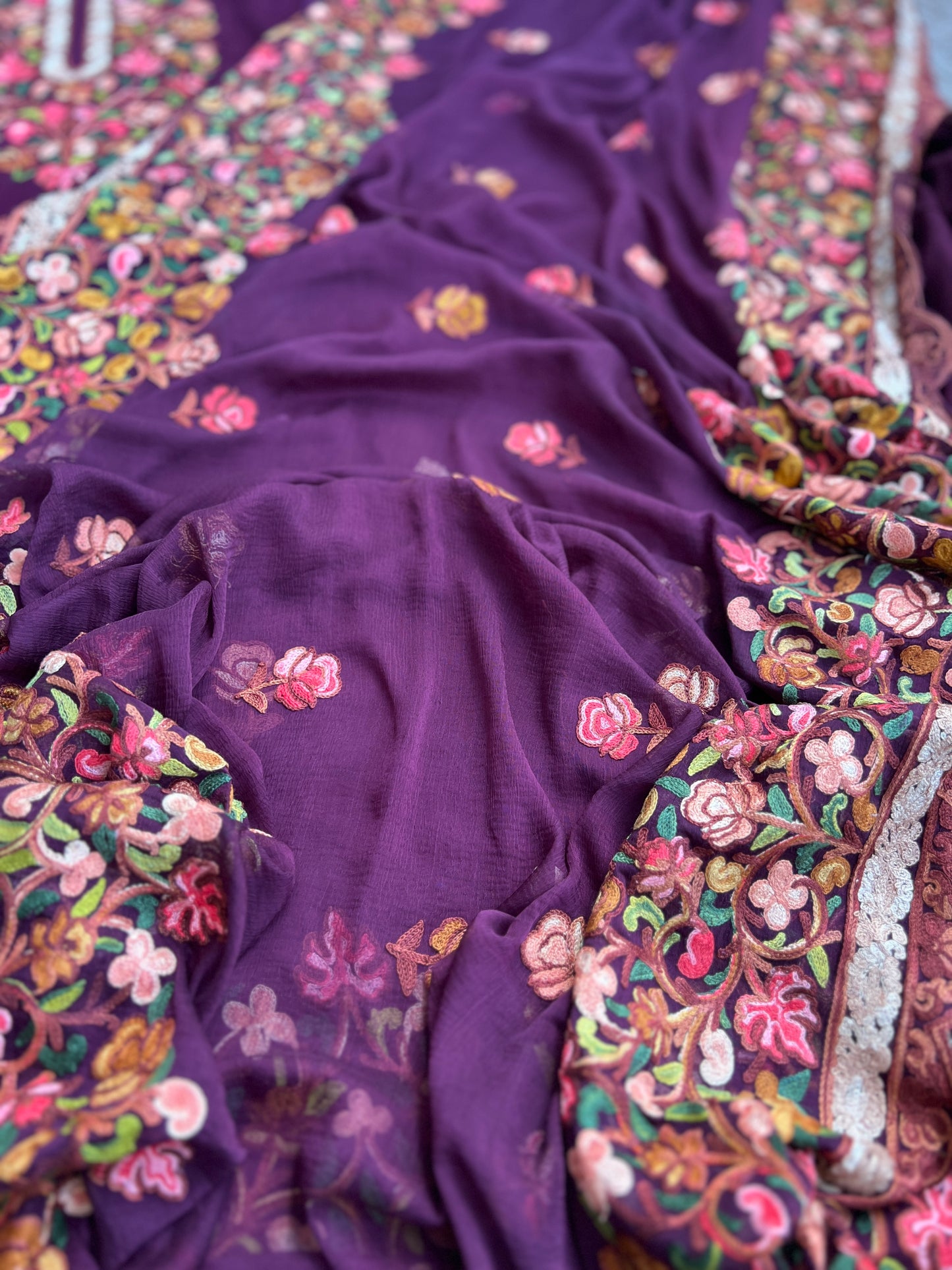 Kashmiri Embroidered Wine Suit with Graceful Chiffon Dupatta