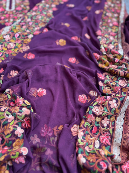 Kashmiri Embroidered Wine Suit with Graceful Chiffon Dupatta