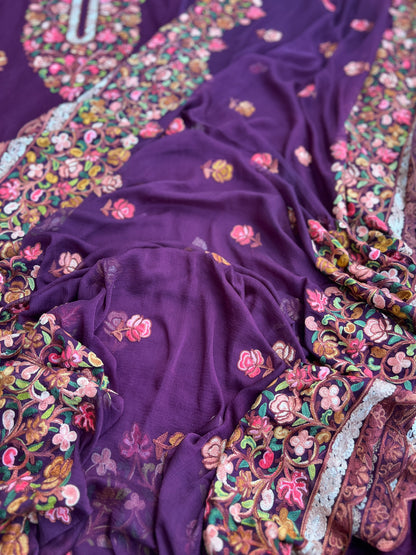 Kashmiri Embroidered Wine Suit with Graceful Chiffon Dupatta