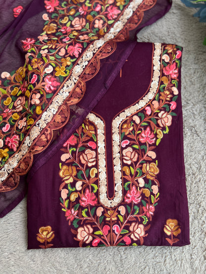 Kashmiri Embroidered Wine Suit with Graceful Chiffon Dupatta