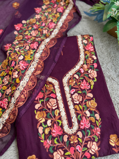 Kashmiri Embroidered Wine Suit with Graceful Chiffon Dupatta