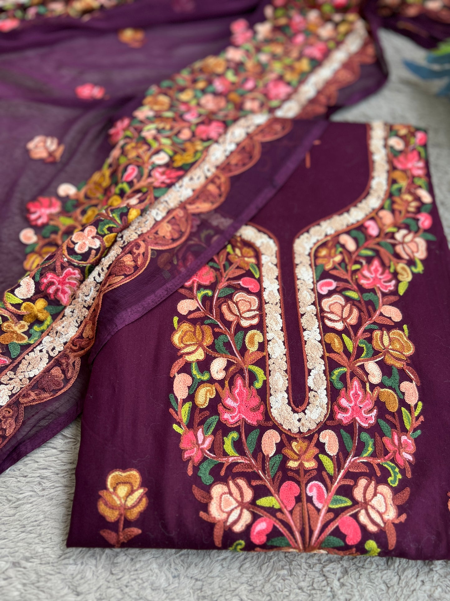 Kashmiri Embroidered Wine Suit with Graceful Chiffon Dupatta