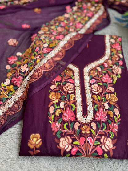 Kashmiri Embroidered Wine Suit with Graceful Chiffon Dupatta