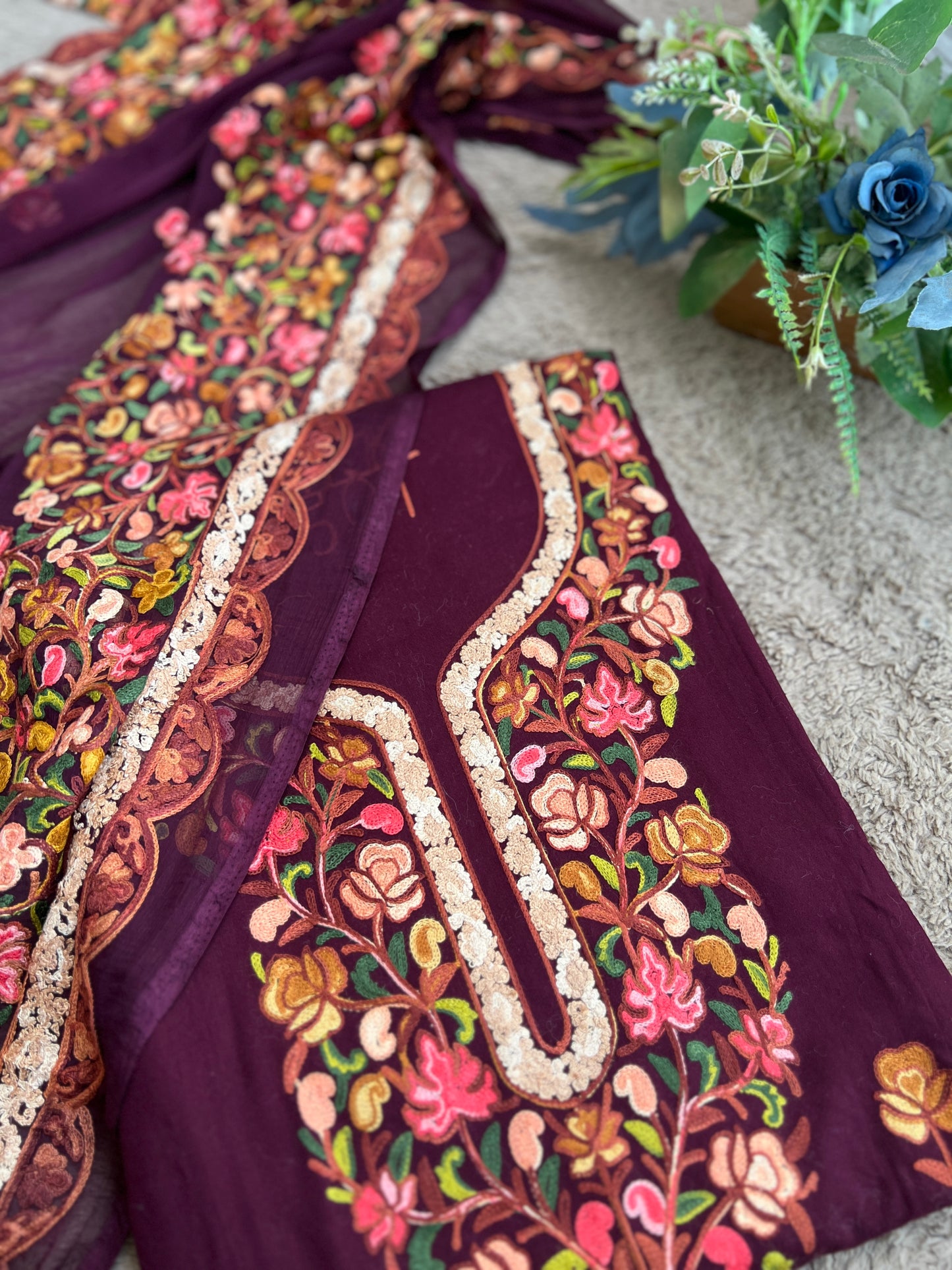 Kashmiri Embroidered Wine Suit with Graceful Chiffon Dupatta