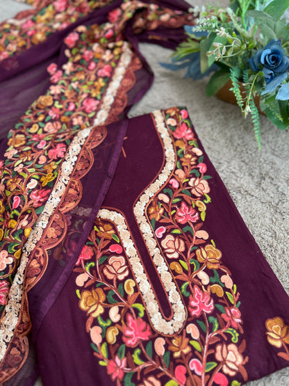 Kashmiri Embroidered Wine Suit with Graceful Chiffon Dupatta